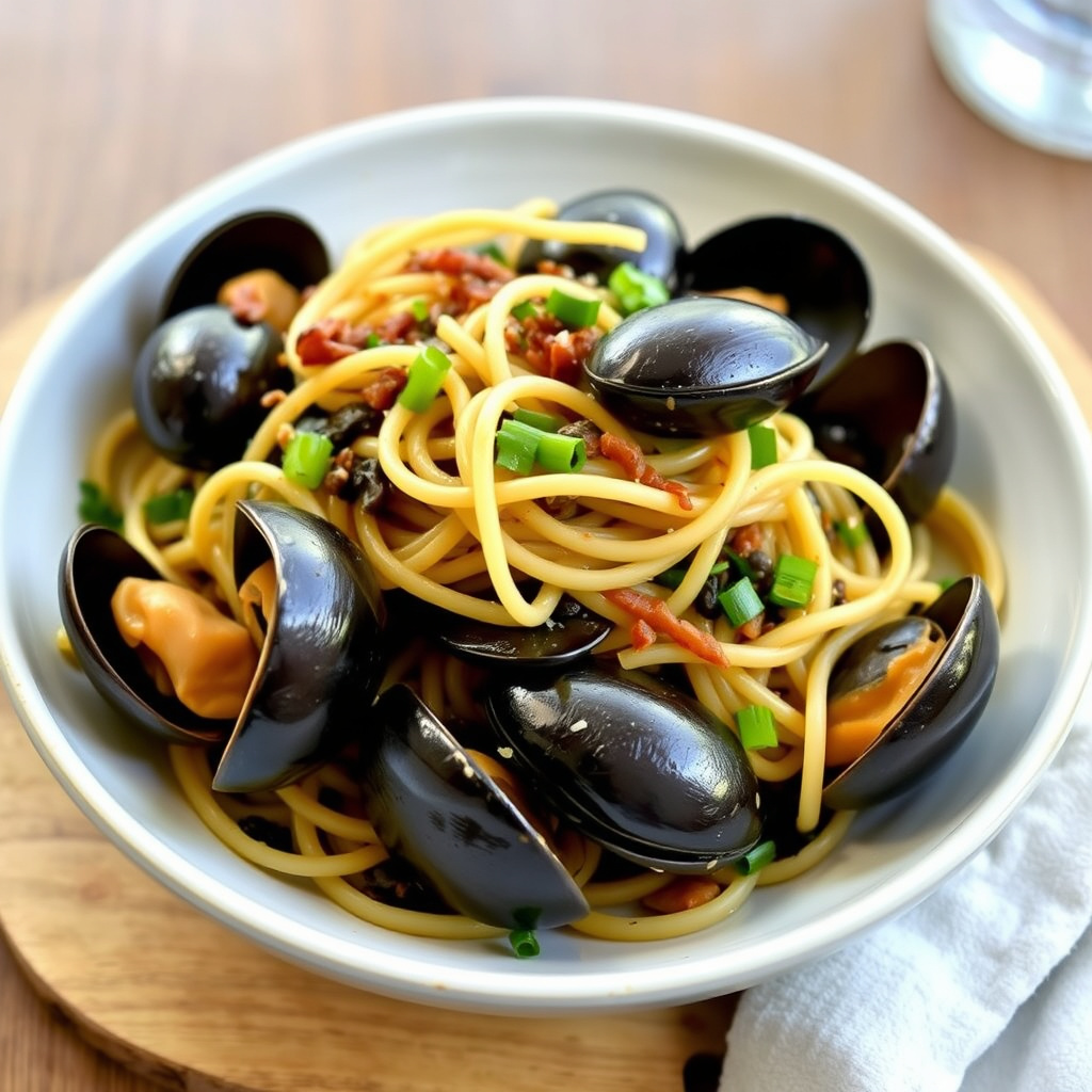 Mings svarte bønner, kamskjell, blåskjell og purre med angel hair