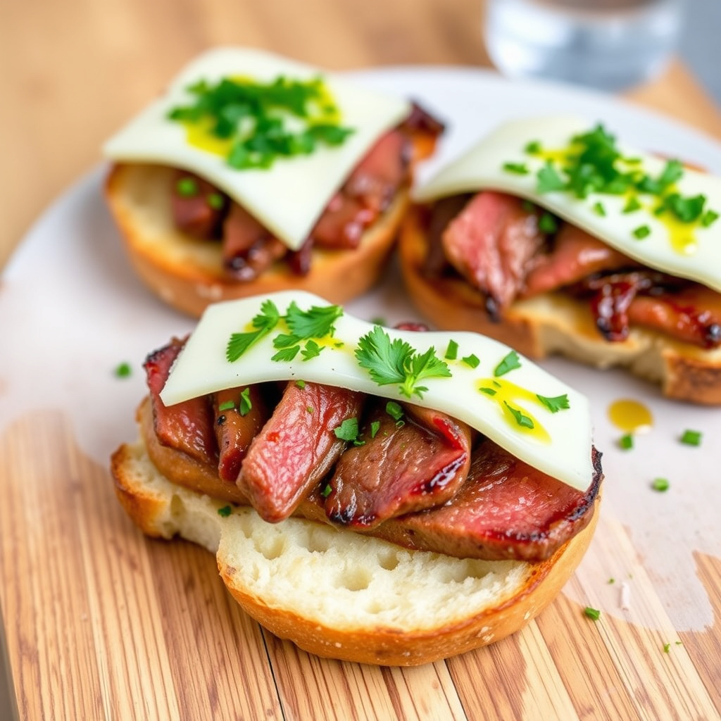 Mini åpne biffsmørbrød på hvitløksbrød med lagret provoloneost og persilleolje