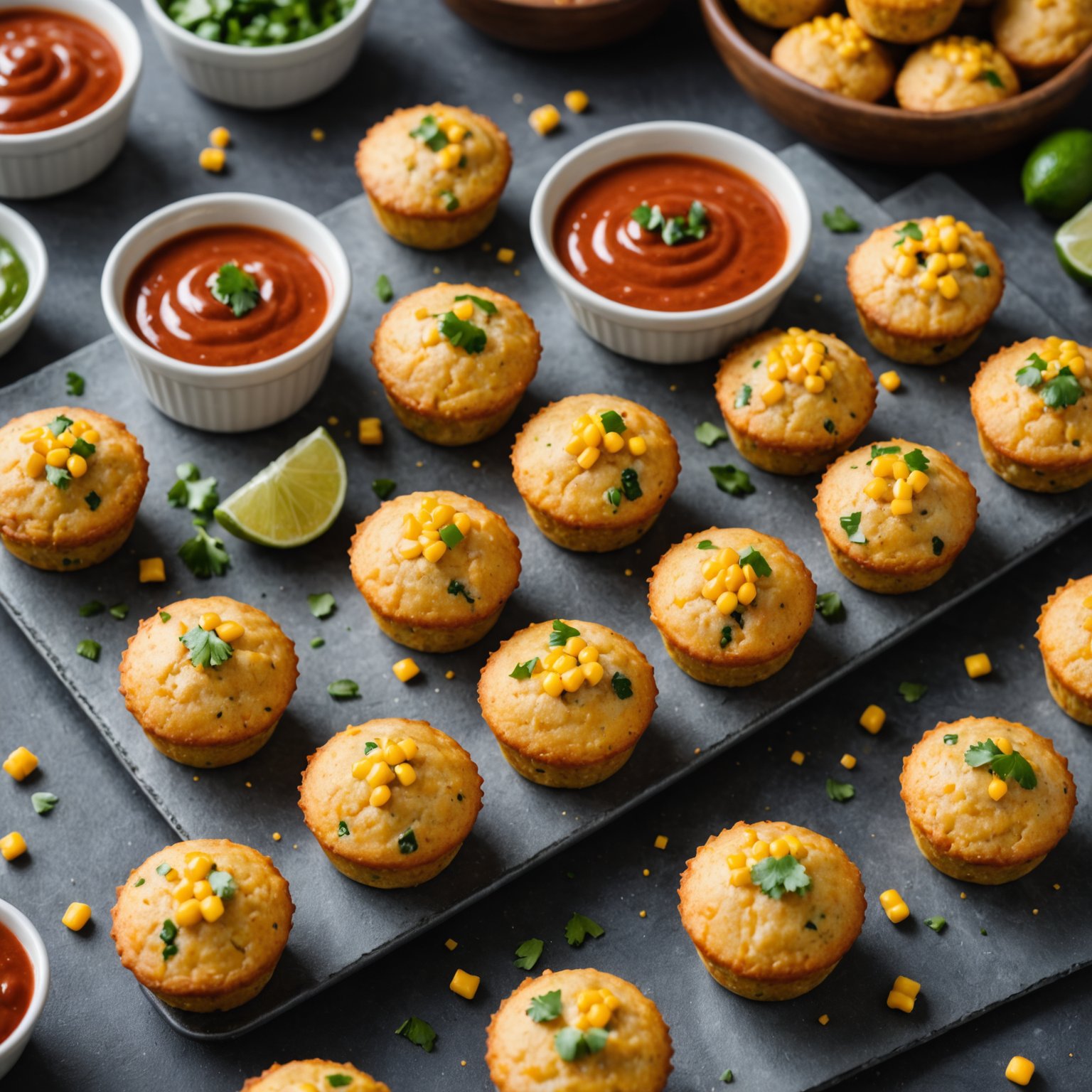 Mini sørvestlige maispupsmuffins med fiesta-dippsaus