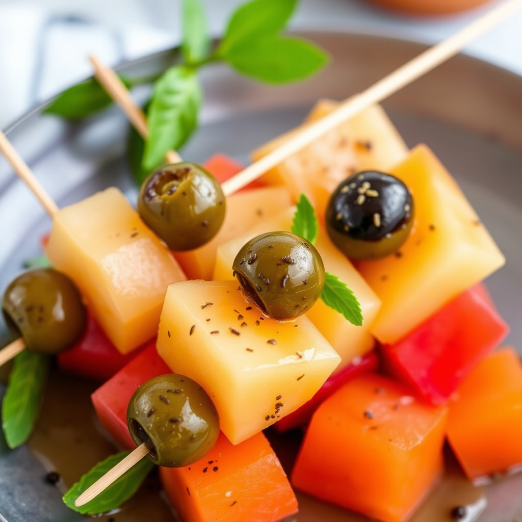 Mini-spyd med melon og oliven, servert med svart pepper-honning