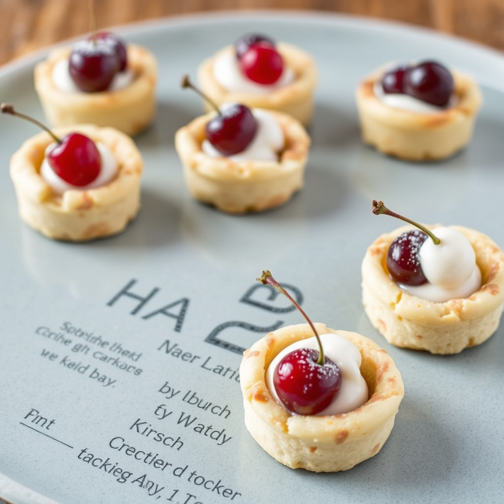 Miniatyrmandelkaker med sukkerbelagte kirsebær og kirschkrem