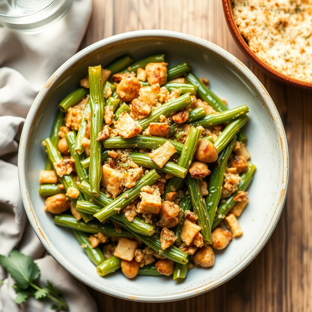 Grønn bønnegrateng med sprøstekt løk