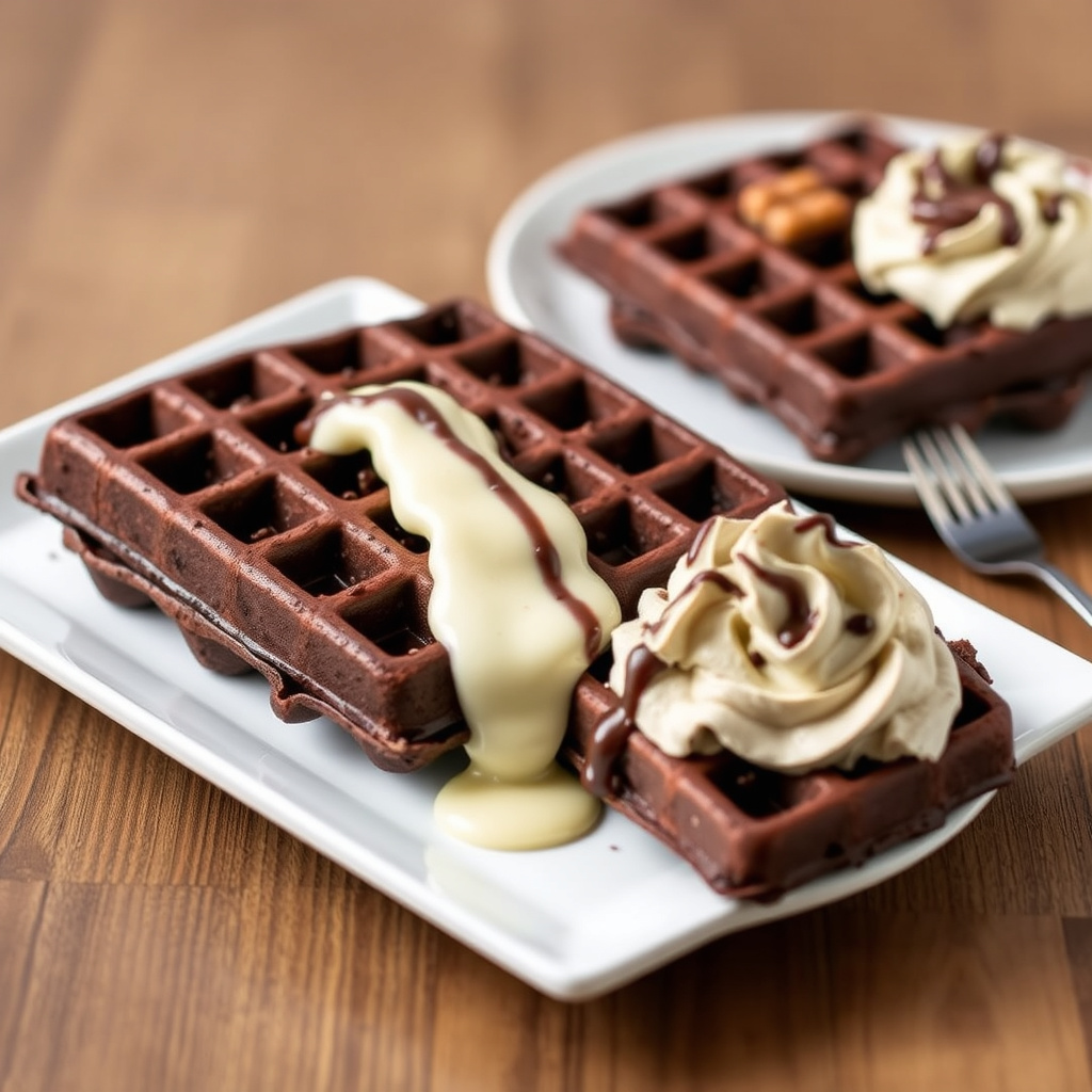 Mørk sjokoladevafler med hvit sjokoladekrem og sjokolade-espresso-fløtekrem