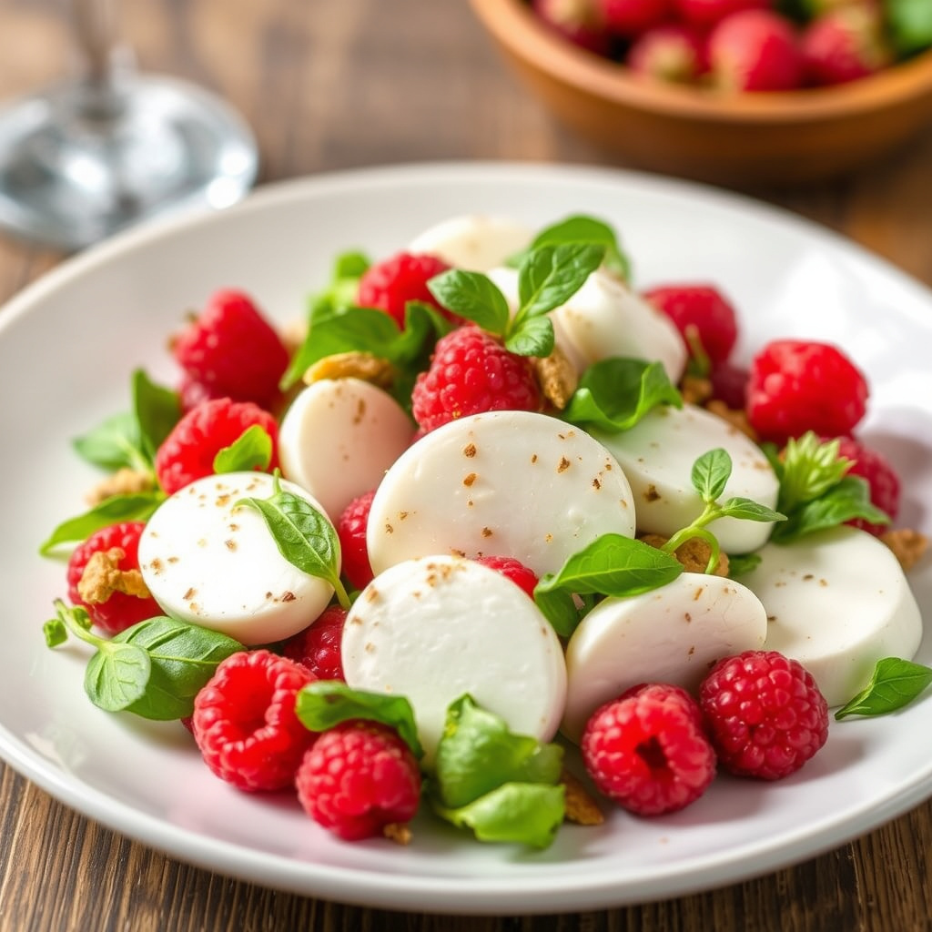 Mozzarella-, bringebær- og stikkelsbærsalat