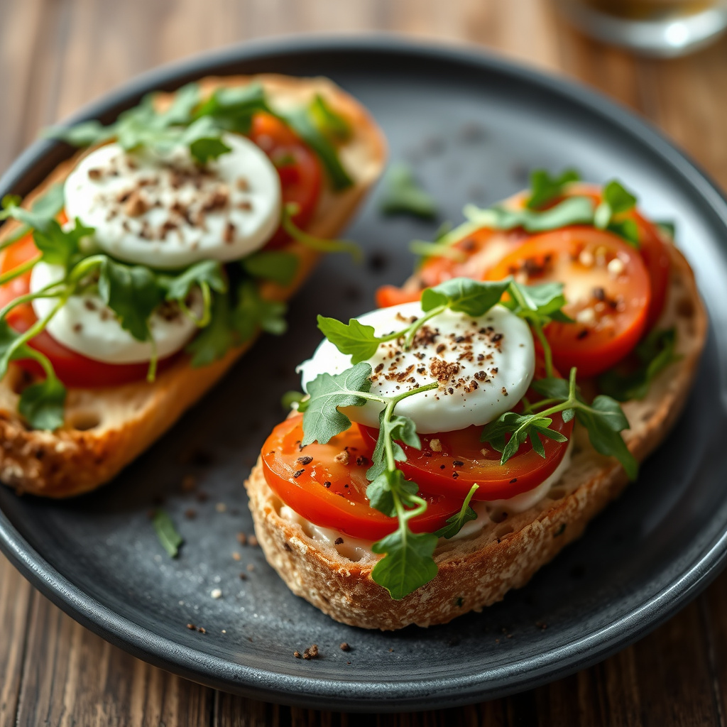 Mozzarella, ruccola og marinerte tomater på focaccia