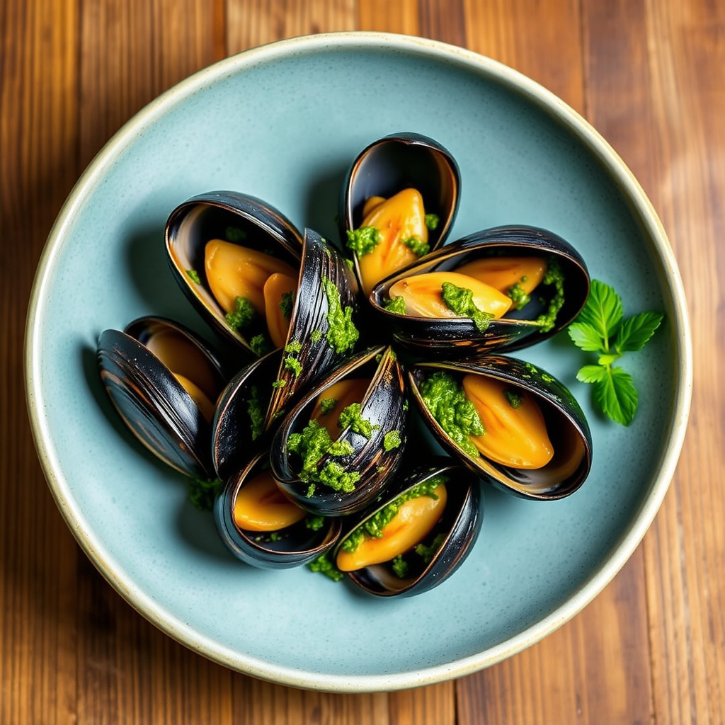 Muslinger på halvshell med pesto