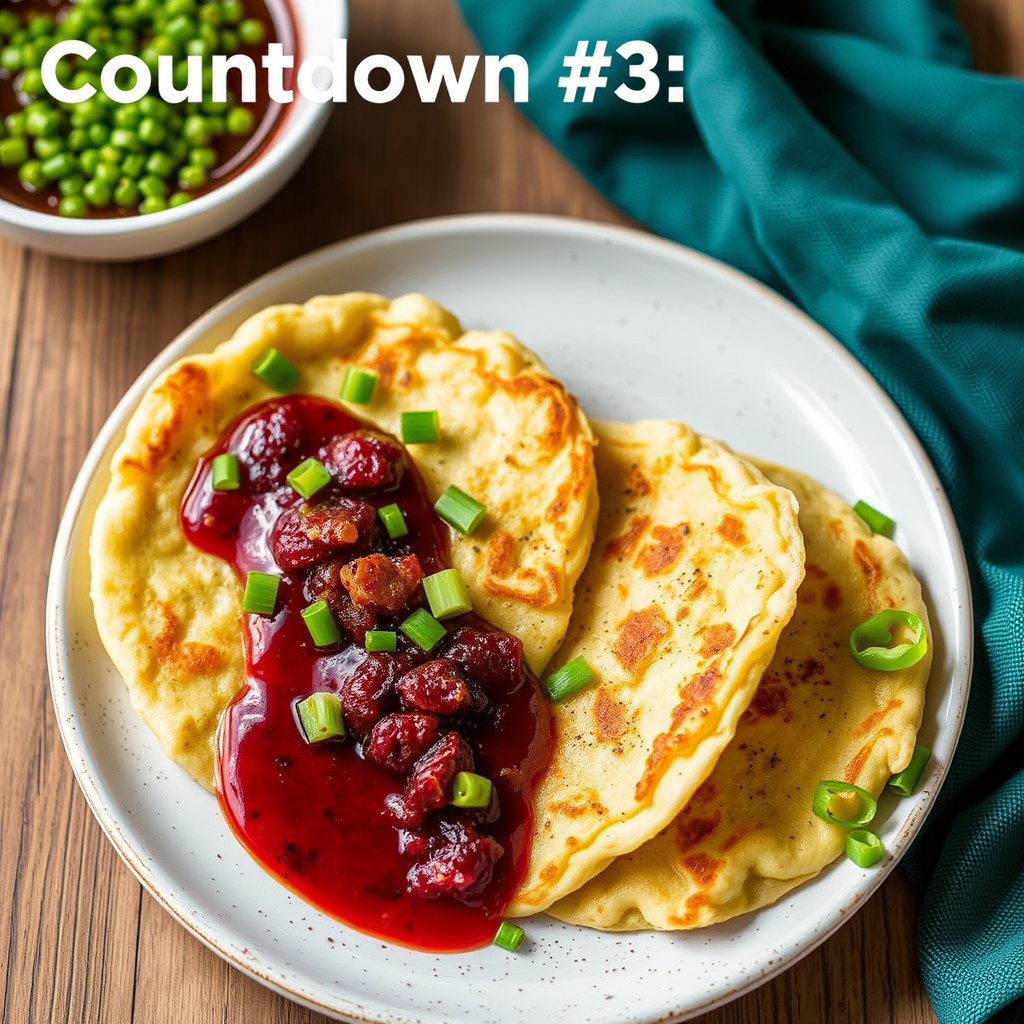 Vårløkpannekaker med sprø kalkun og tranebær-hoisinsaus