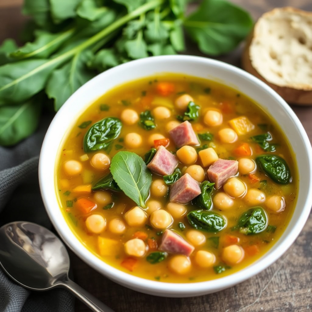 Neelys kikerte-, skinke- og sveitserkålsuppe