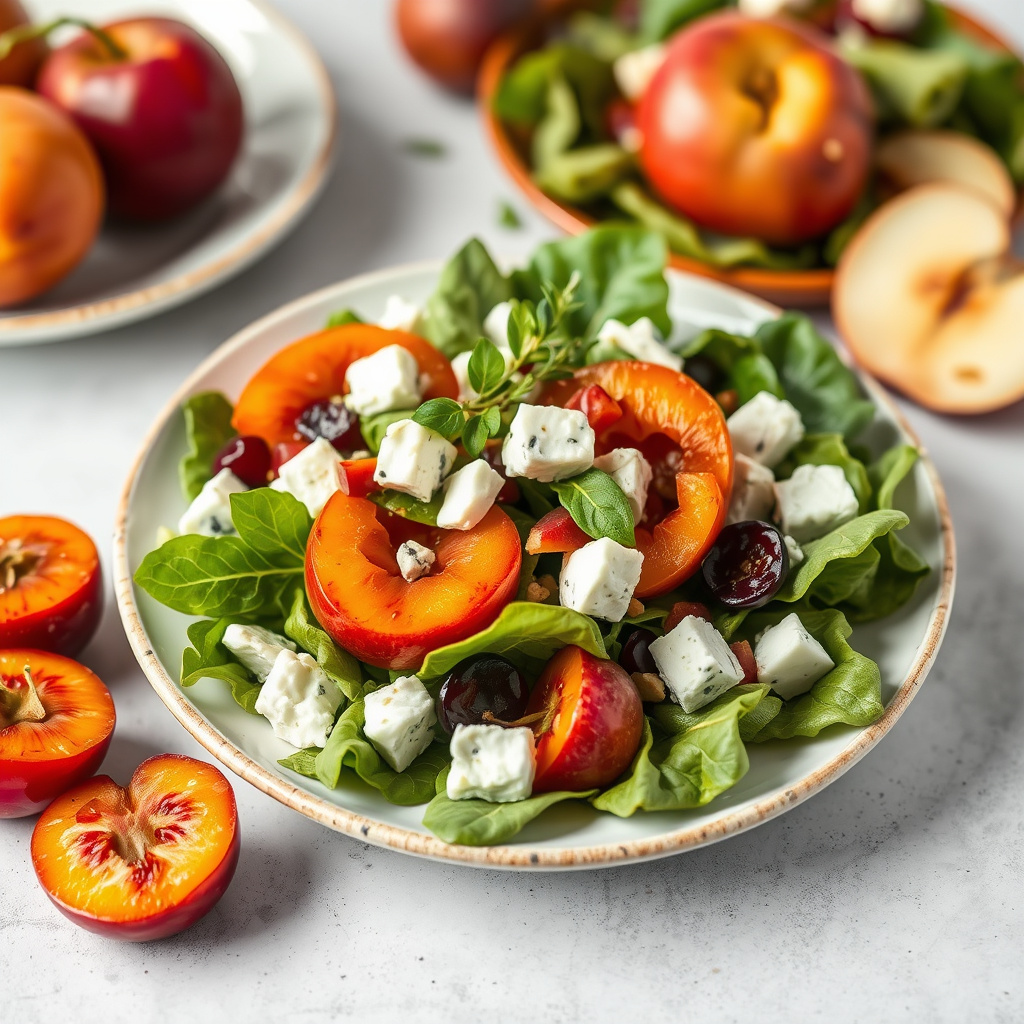 Nektarinsalat med blåmuggost og plommesennepvinaigrette