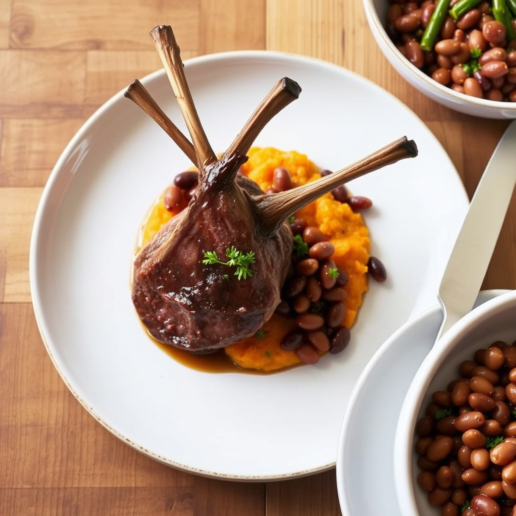 New Zealand-lammeskank med søtpotetmos og tre-beansragout