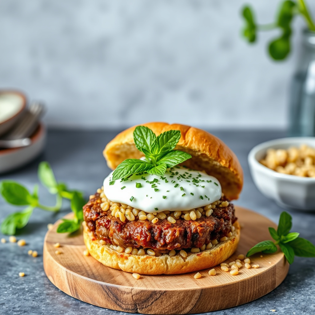 Økologisk lammeburger med fersk myntetyogurt og quinoa