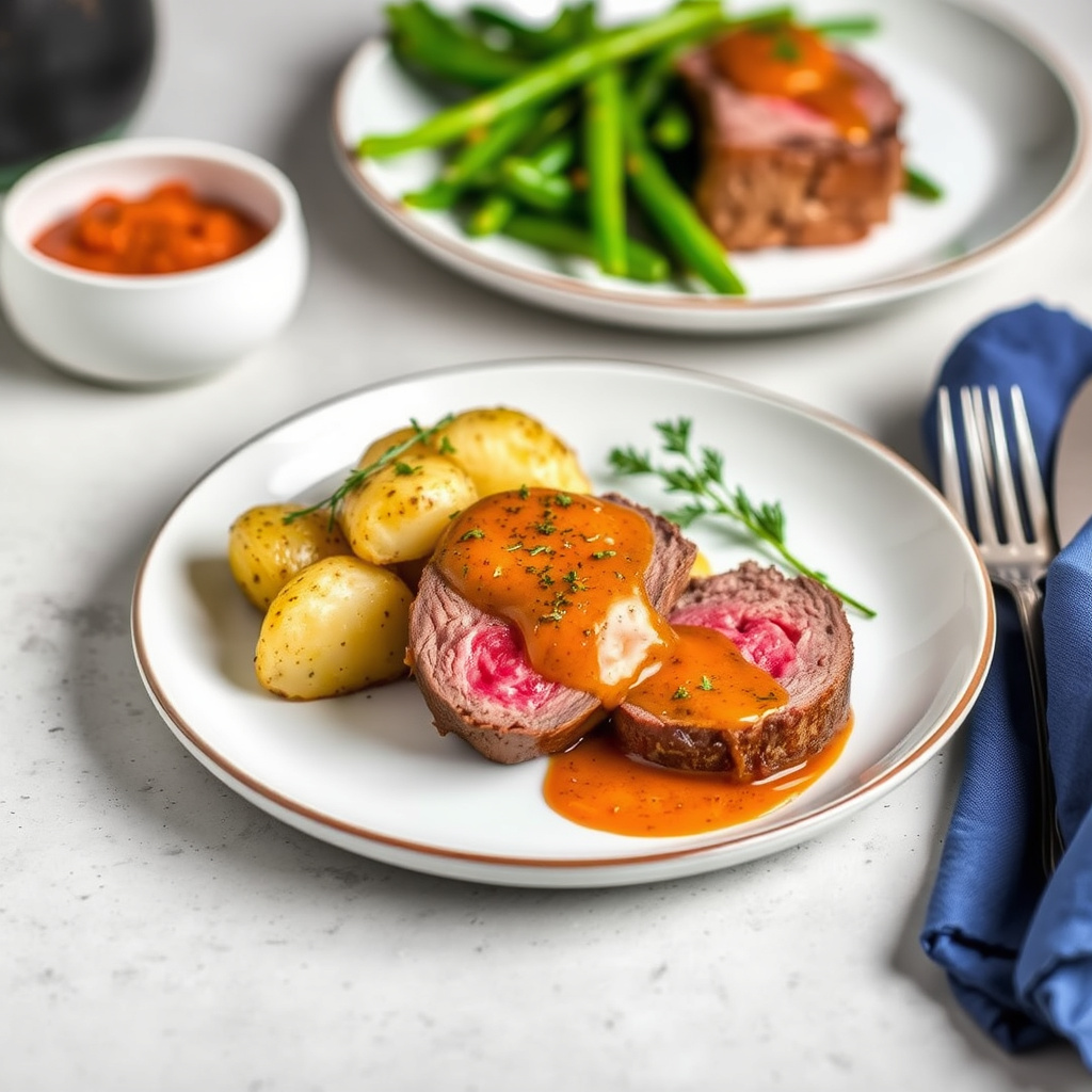 Oksefilet med bein, servert med vaniljepoteter og Piquillo-krepsaus