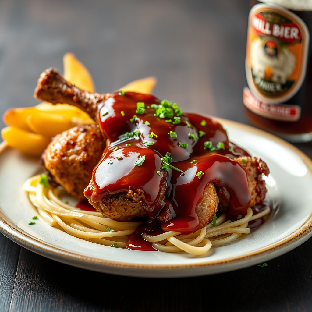Øl i bakre del, kylling og BBQ-saus