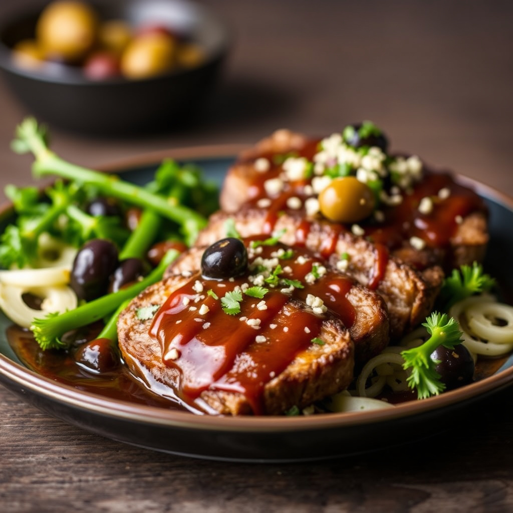 Olivefylte skinkestek med svart bønnesaus