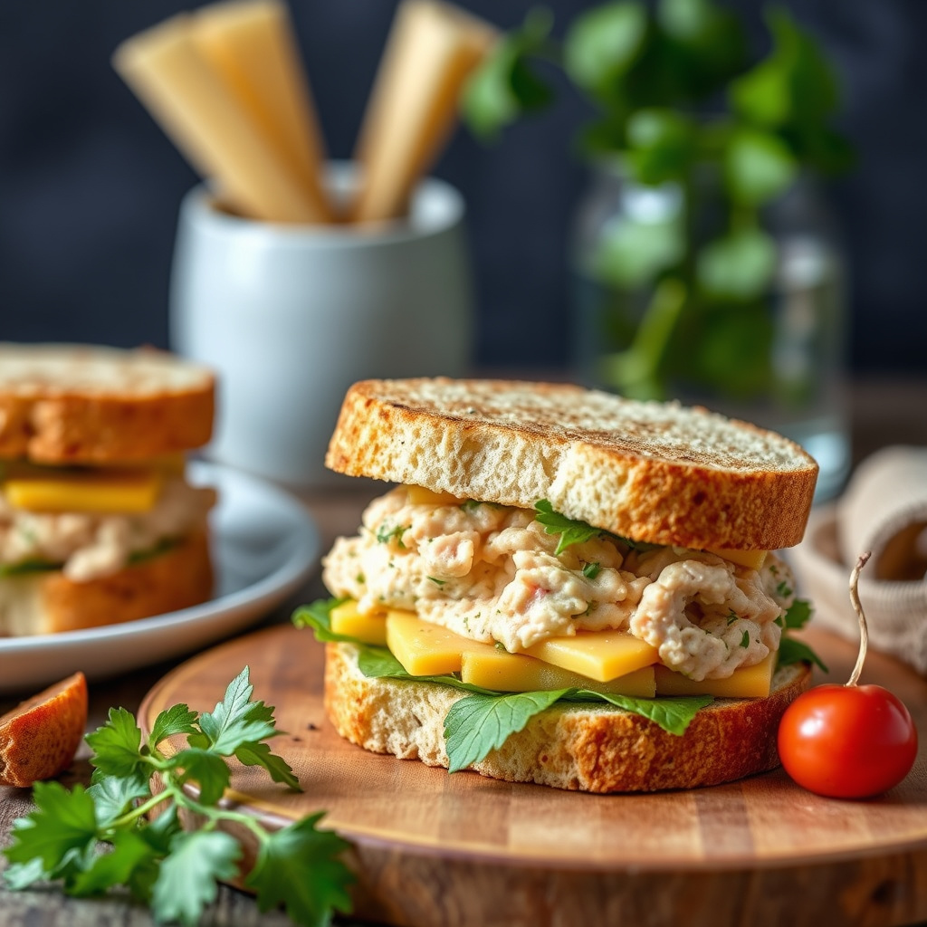 Olivenoljepotet albakoretunfisk, remulade og cheddarostsandwicher