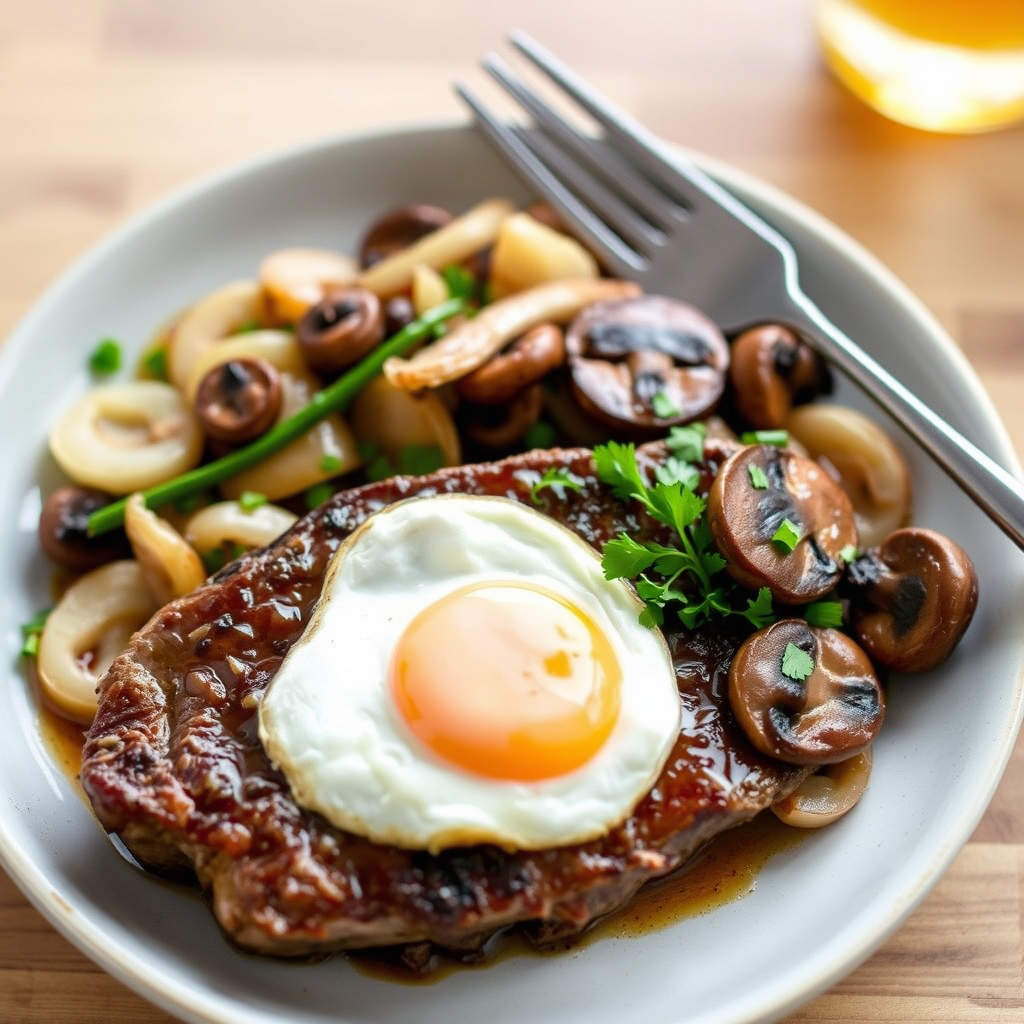 Ølmarinert T-bonesteak, sauterte løk og sopp, toppet med et stekt egg