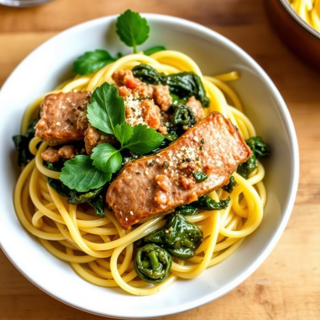 Ond gris med grønnsaker og fettucine