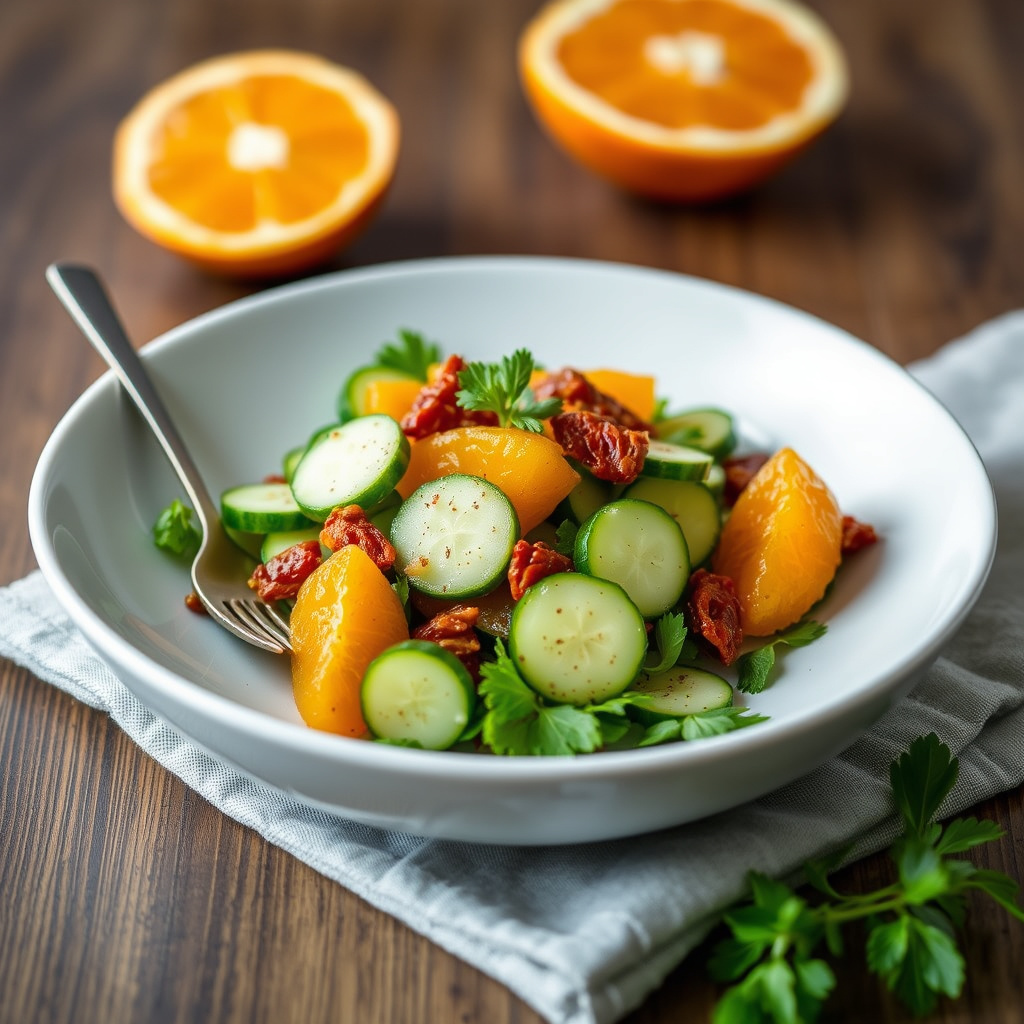 Appelsin- og agurksalat med soltørket tomatdressing