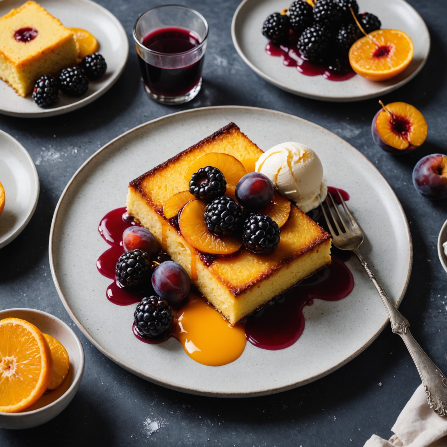 Oransje polentakake med plommer, bjørnebær og kulturmelk-is