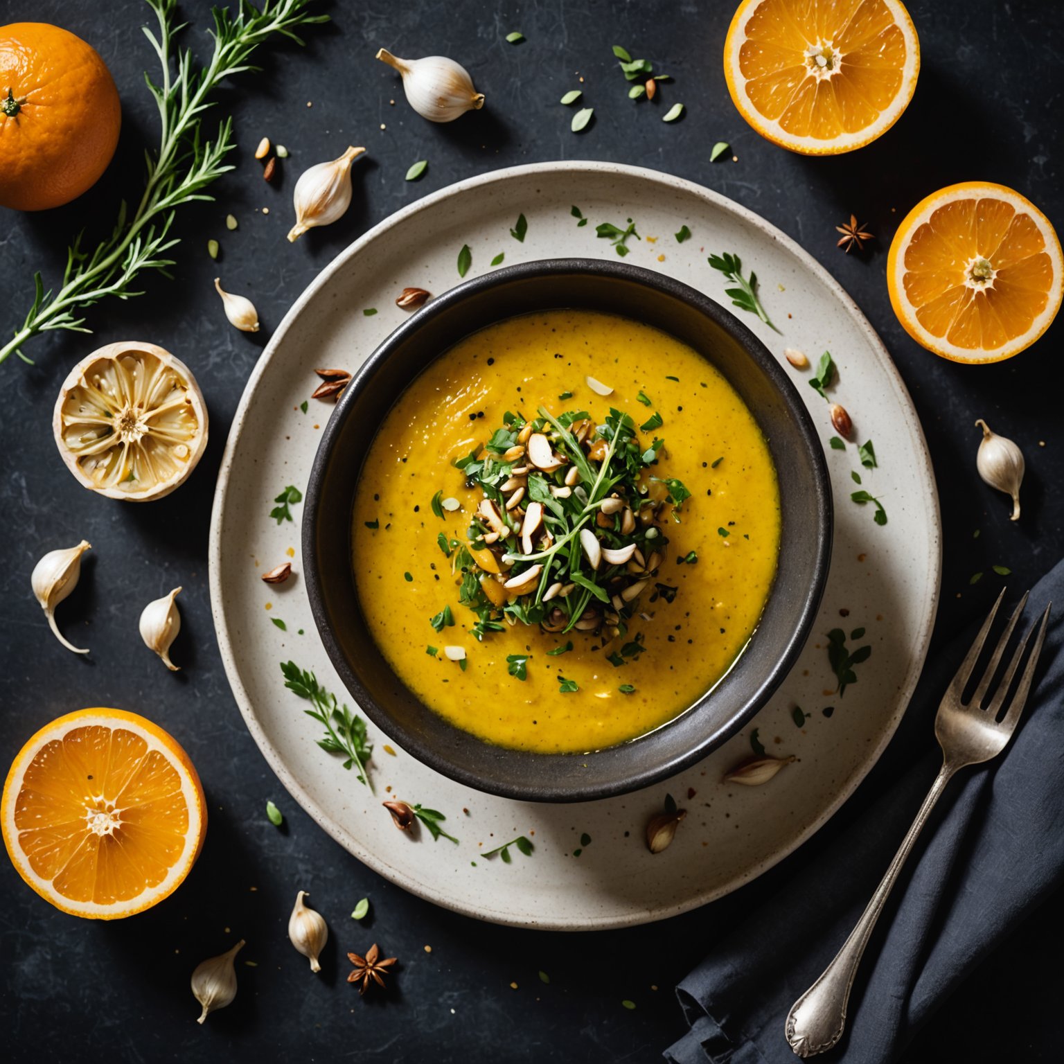 Appelsin- og spisskummenvinaigrette med ovnsbakt hvitløk