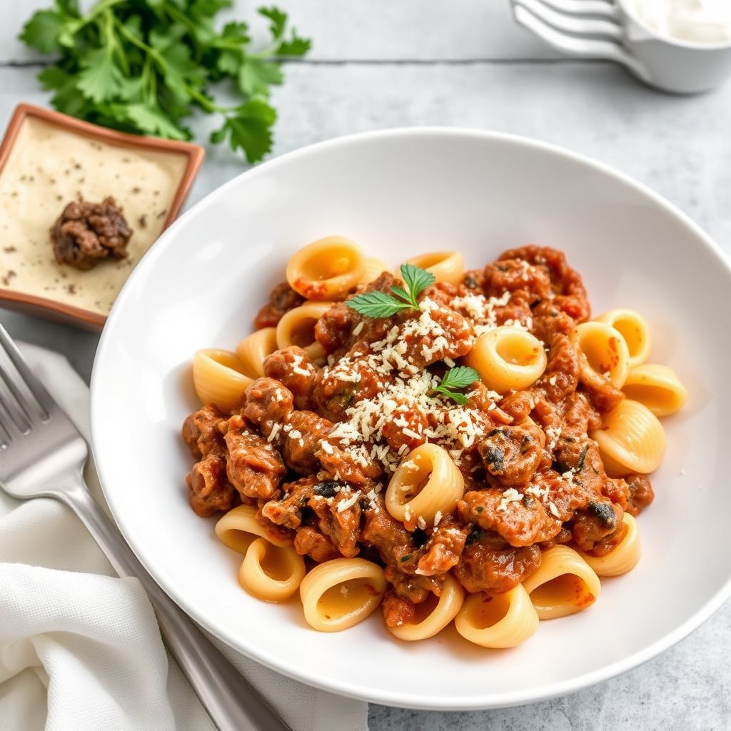 Orecchiette med kjøttsaus av braciole (Pasta med oksekjøttsaus og braciole)