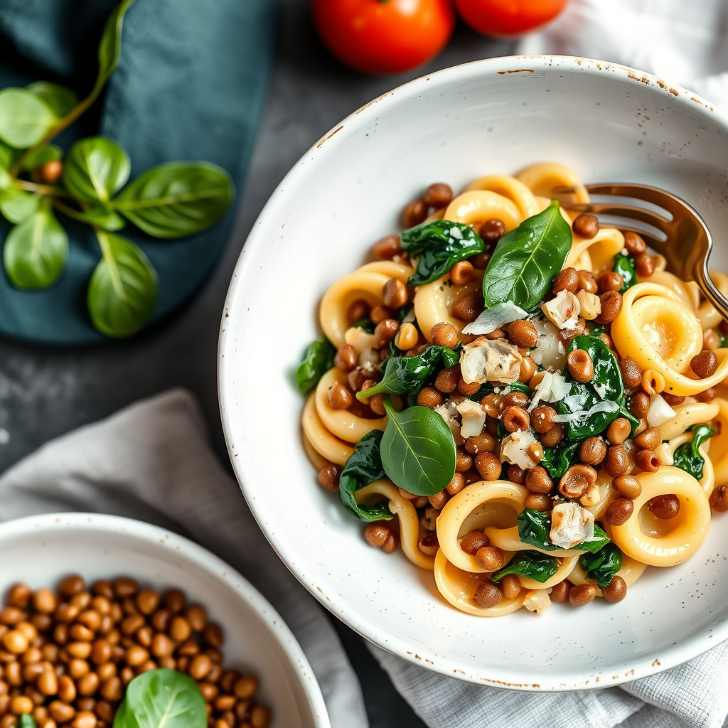 Orecchiette med linser, løk og spinat