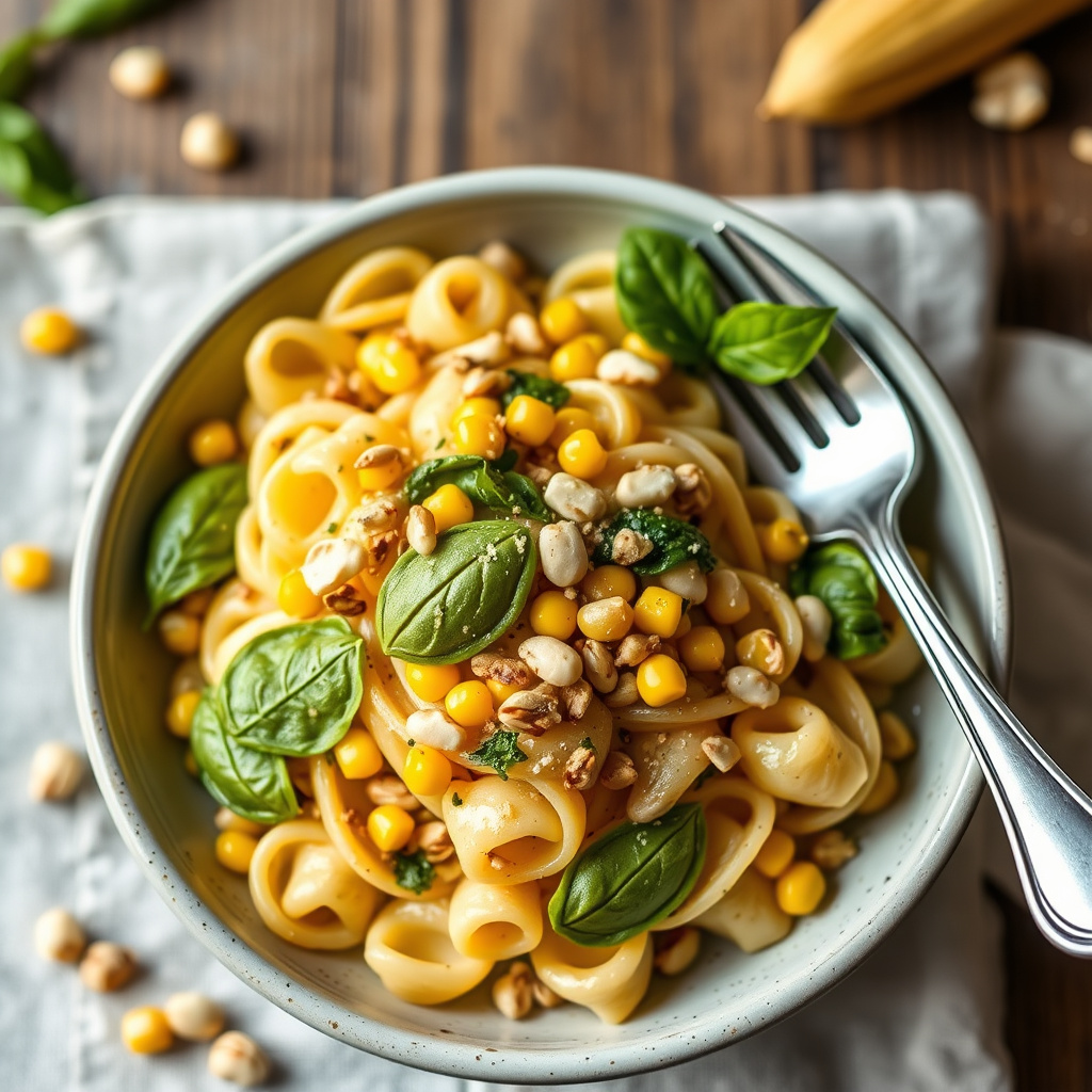 Orecchiette med mais, basilikum og pinjekjerner