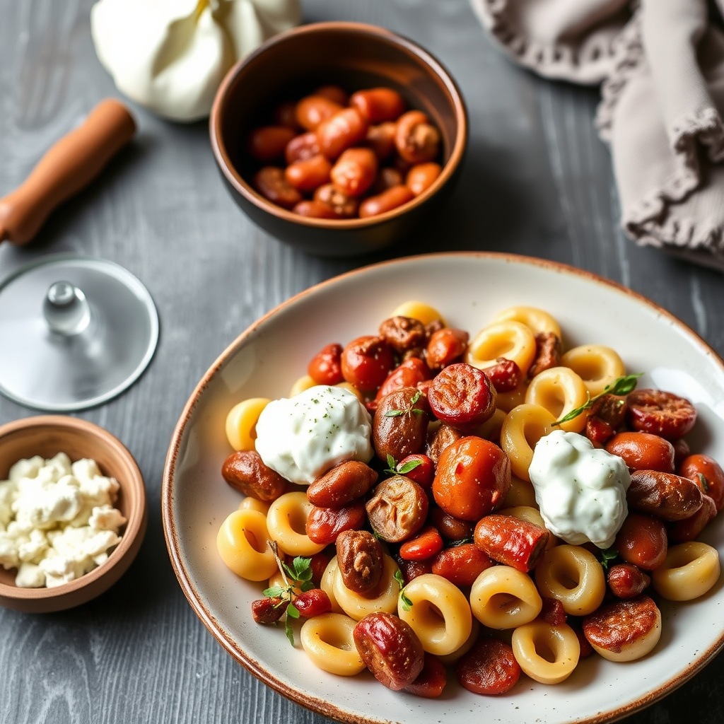 Orechiette med pølse, bønner og mascarpone