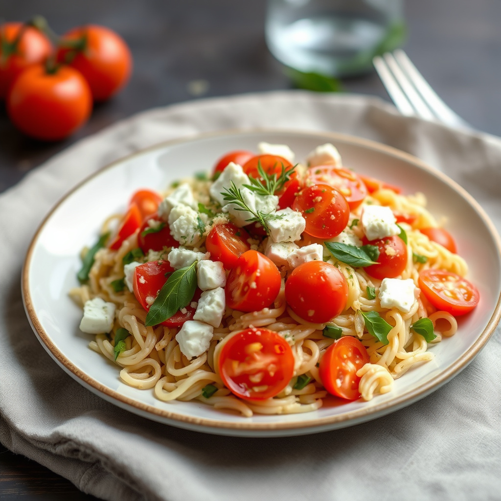 Orzo-, feta- og tomatsalat med marjoranvinaigrette