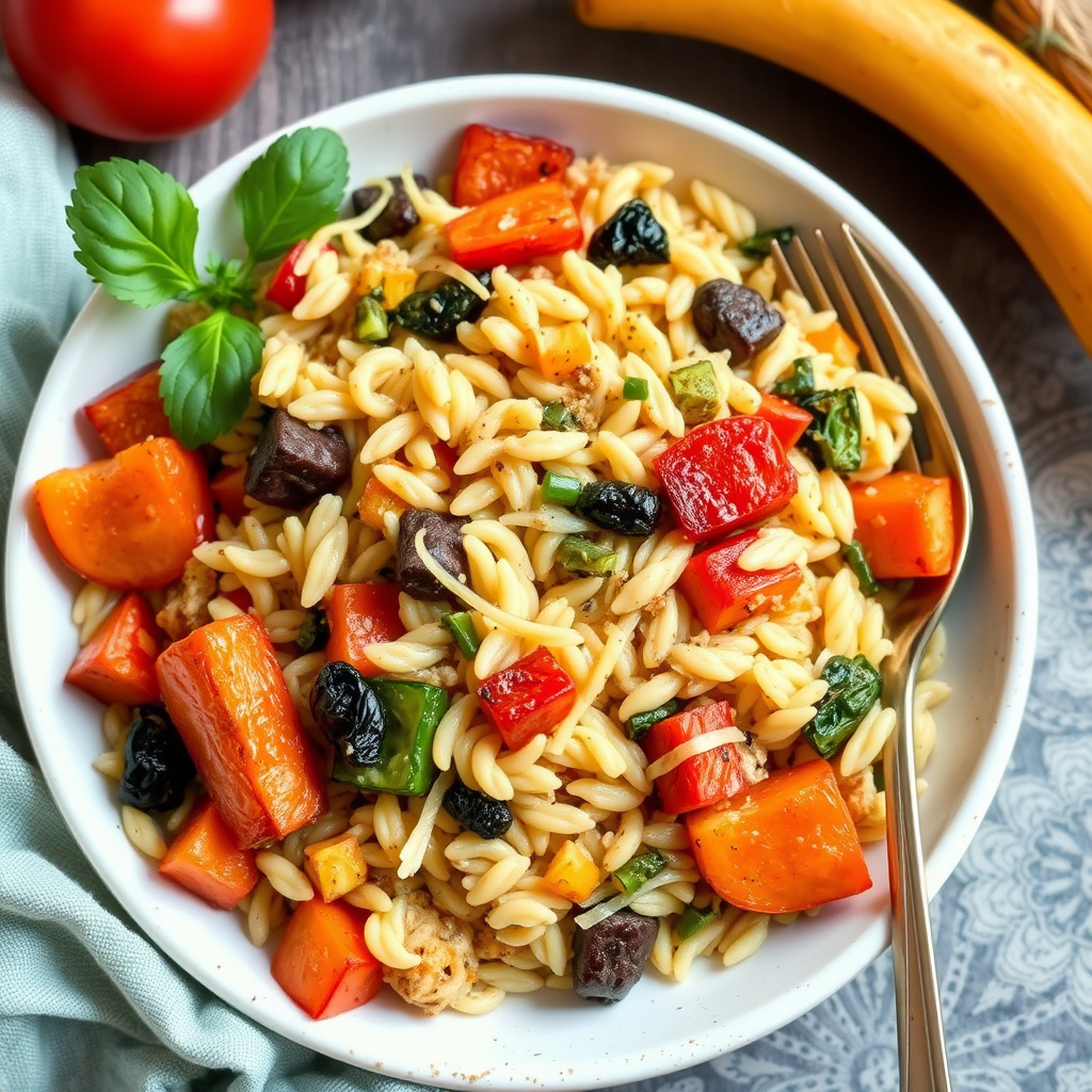 Orzo med ovnsbakte grønnsaker