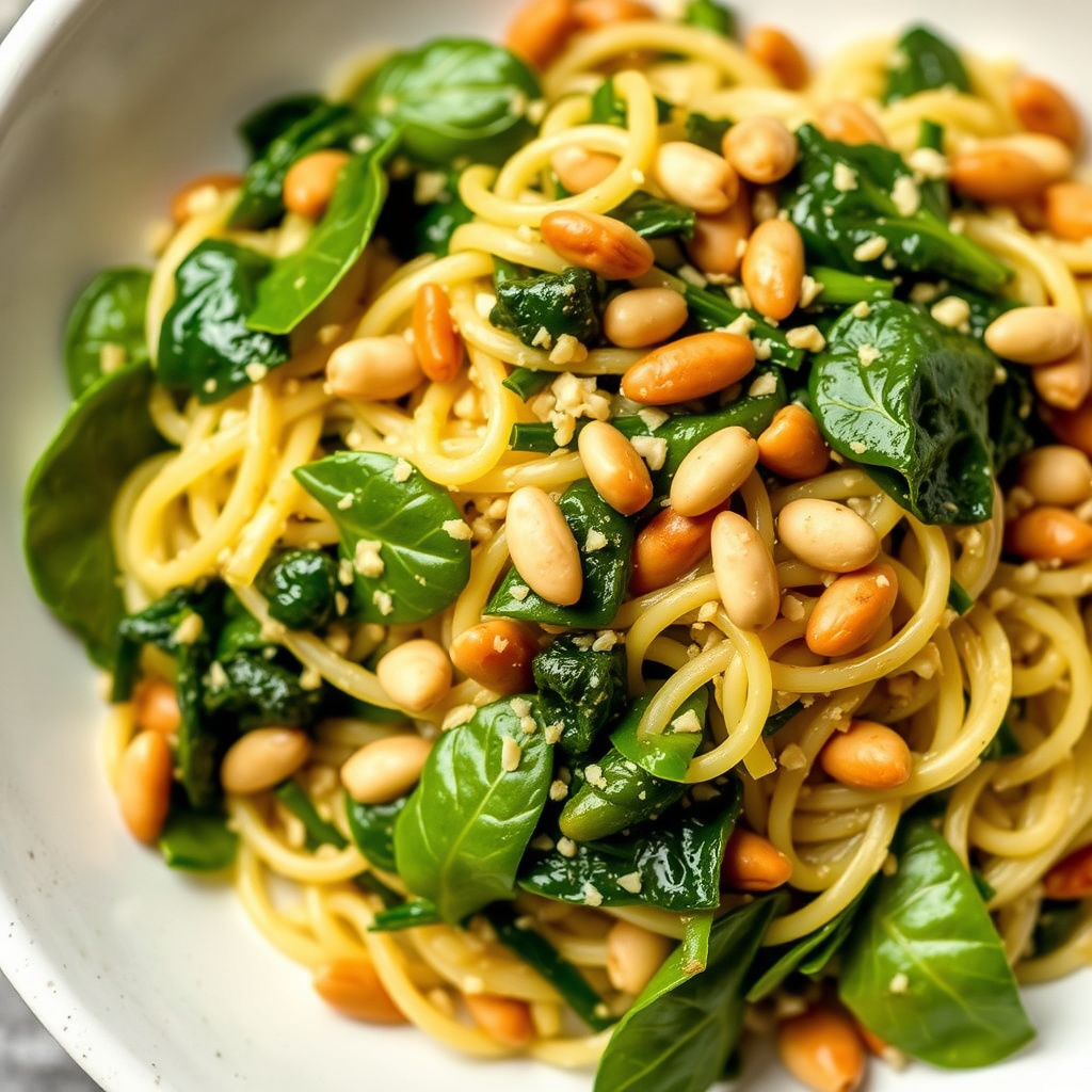 Orzo med spinat, pinjekjerner og tomat