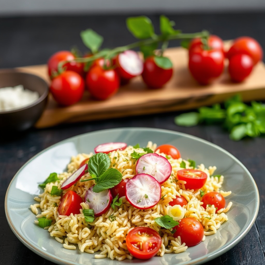 Orzosalat med druetomater og reddiker