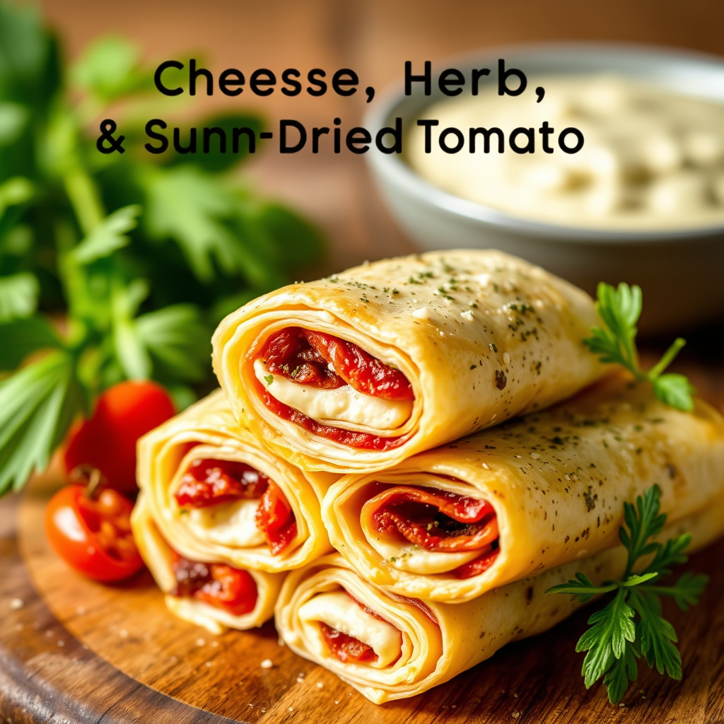 Ost, urter og soltørkede tomatfylte filodeig-ruller