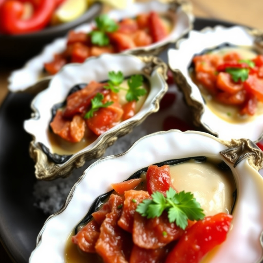 Østers Casino med røde paprika, chili og bacon