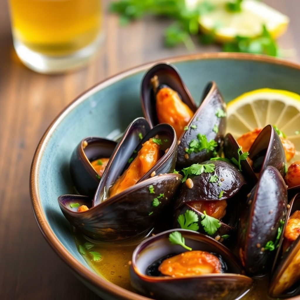 Østersøsters med ølsteamet blåskjell