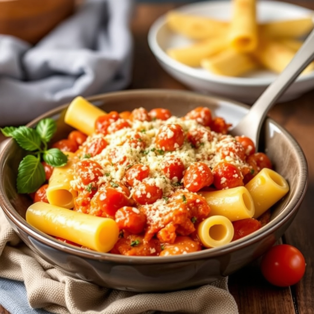 Ovenbakt rigatoni med fire oster i rosa saus