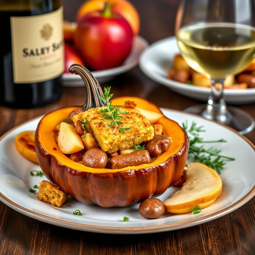 Overfylt gresskar med maisbrød, epler og kalkunpølse, servert med Sauvignon Blanc