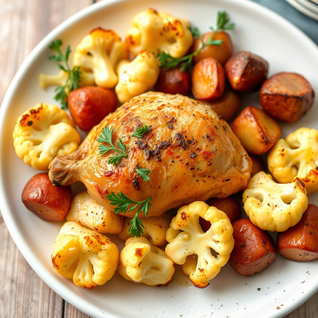 Ovnsbakt kylling med ovnsbakte røde Bliss-poteter og blomkålbuketter