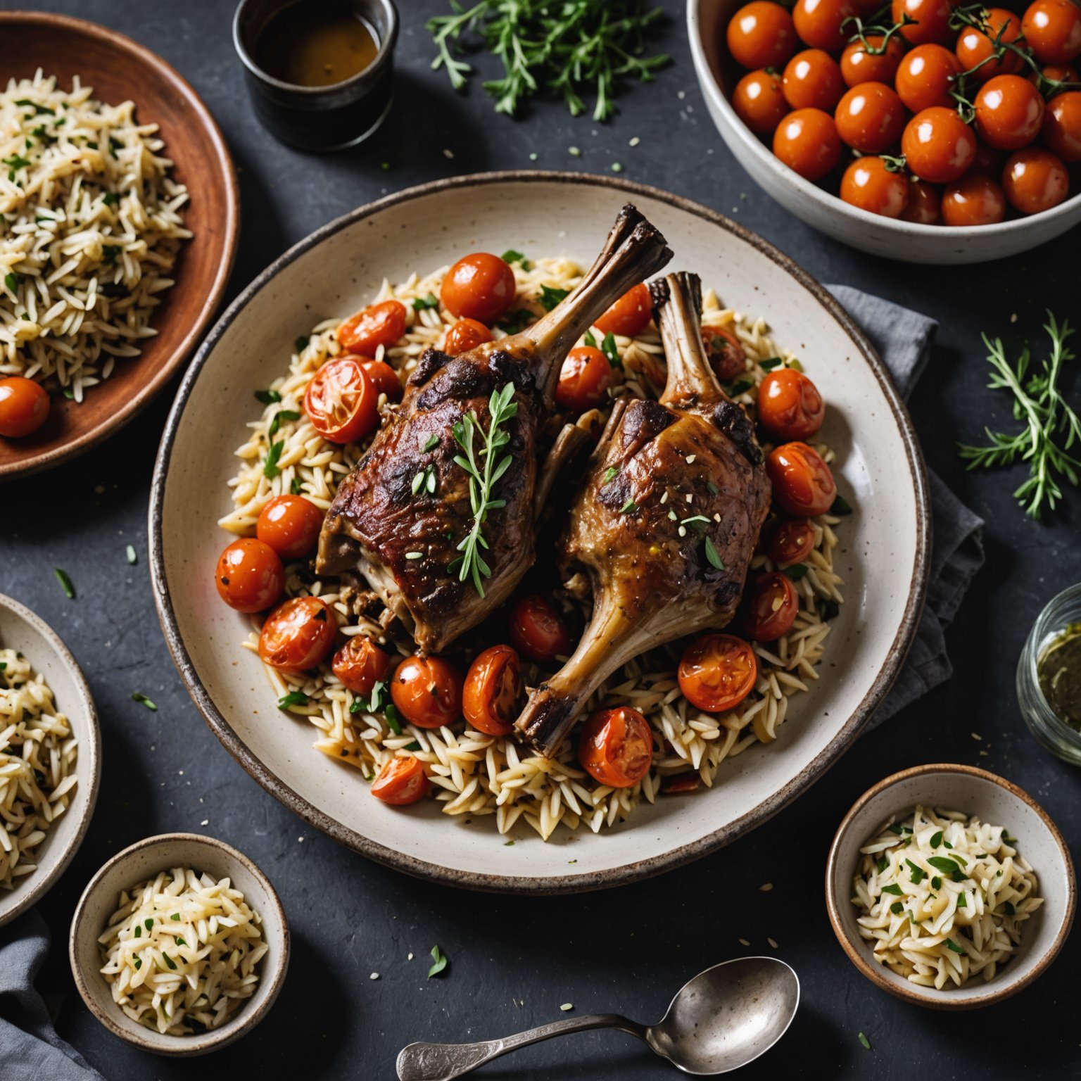 Ovnsbakte lammeknoker med ovnsbakte tomater og ristet orzo