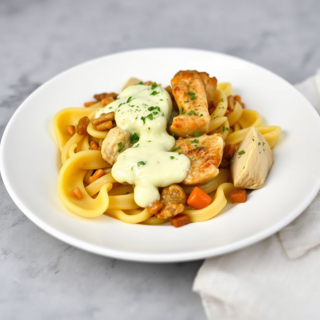 Paccheri-pasta med brasede kyllingbiter og safransaus