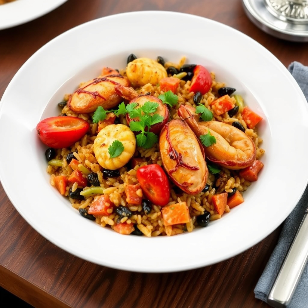 Paella med villris, sjømat og Cornish-høne