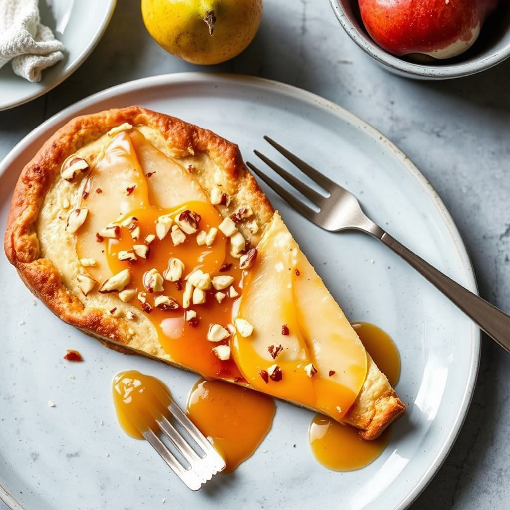 Pære- og mandelfrangipane med aprikos-saus