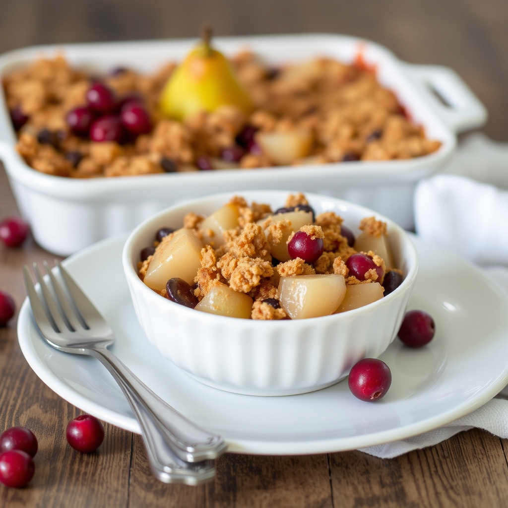 Pære- og tranebærgrøt med sprø topping