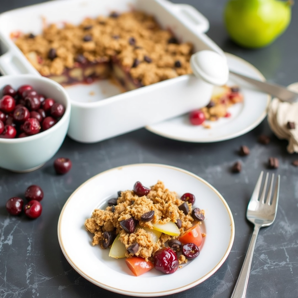 Pære- og kirsebærcrumble med sjokolade