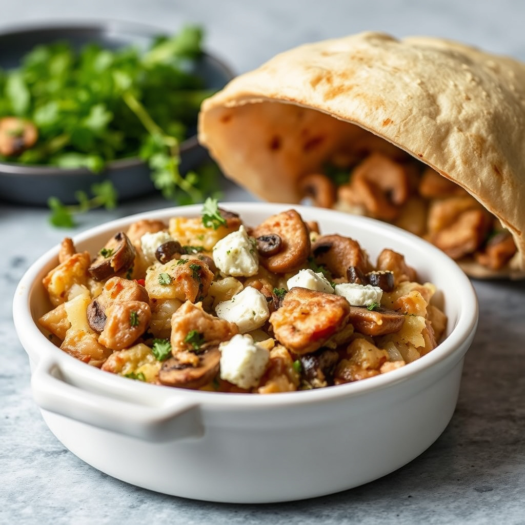 Pancetta-, purre- og soppskrelling med geitost