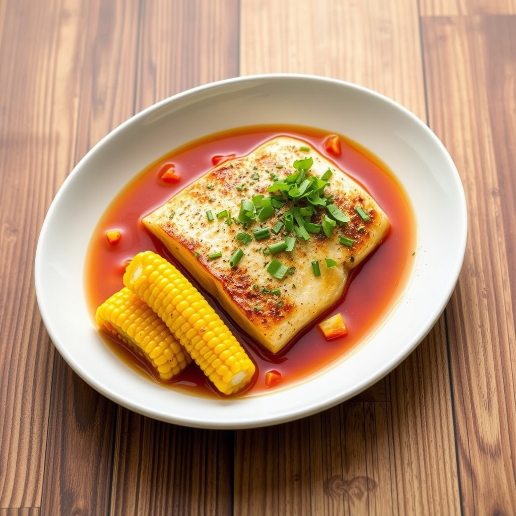 Panert Chileansk havabbor, ovnsbakt babymais og fargerik pepperinfusert kraft