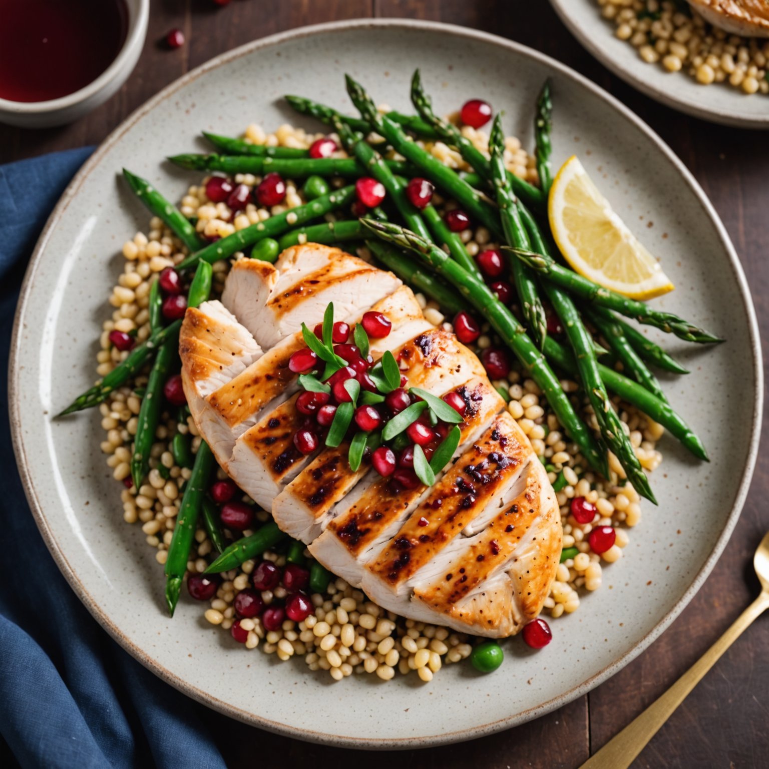 Panerte kyllingbryst fra flyselskapskylling med israelsk couscous, granateple og haricot verts