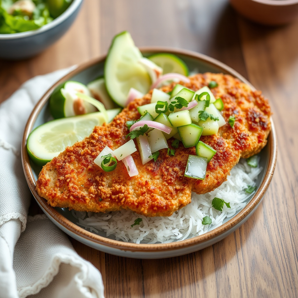 Pankobestrødd svinekotelett med agurk- og daikonrelish