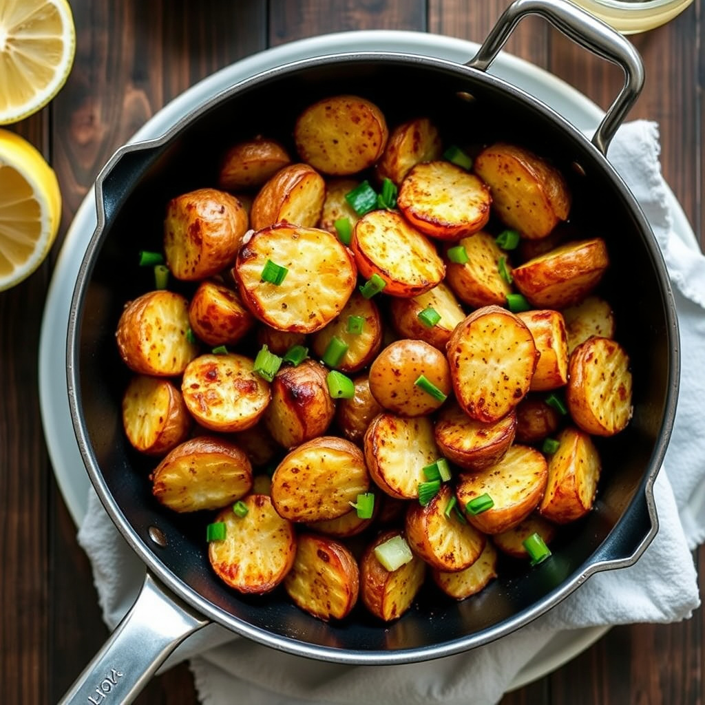 Pannefriterte fingerling-poteter med honning og sitron, servert med purre