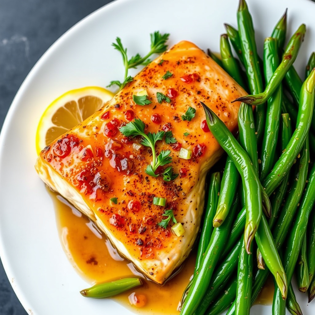 Pannestekt laks med sitruseddikglasur og grønne bønner